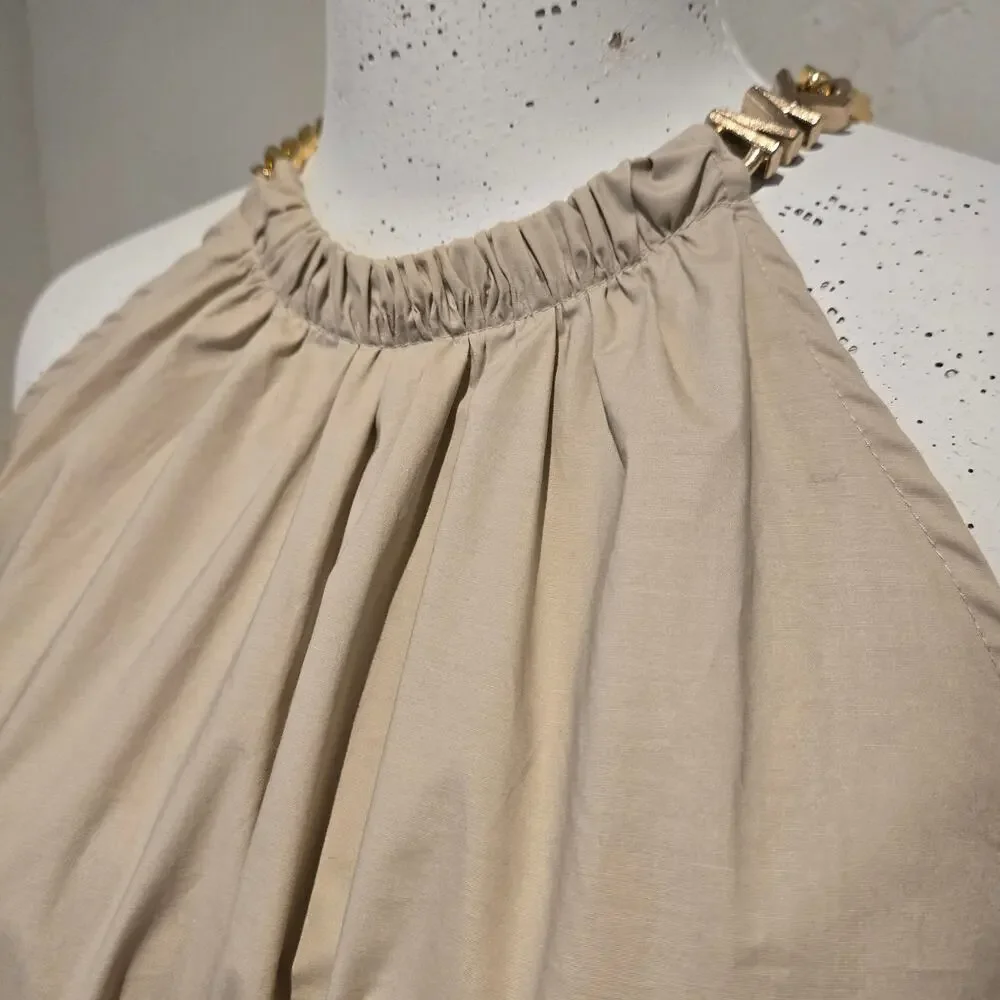 Michael Kors Khaki Gold Chain Halter Organic Stretch Cotton Midi Dress Tiered